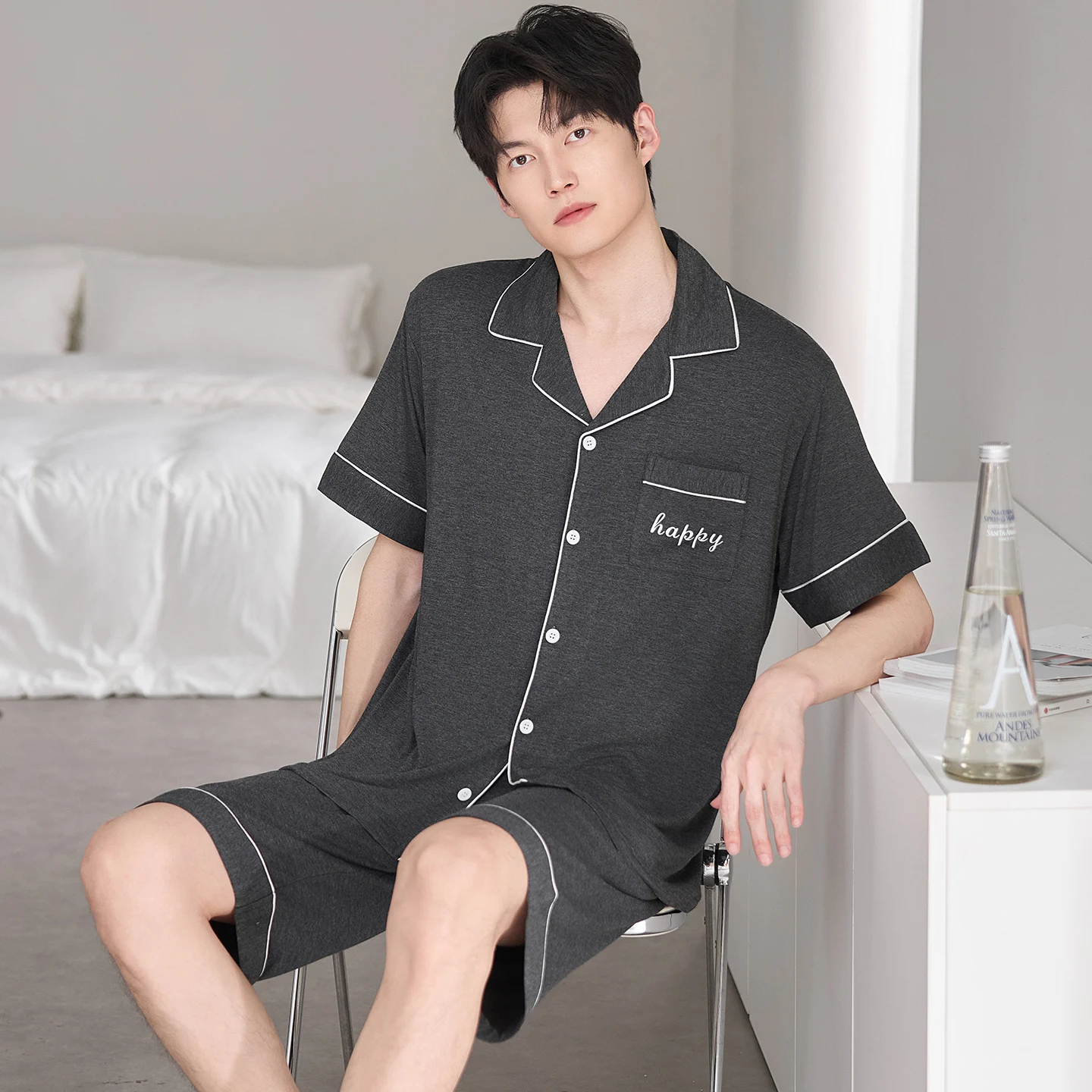 

Men Pajamas Soft Modal Sleepwear Men Summer Short Sleeve Home Clothes Big Yards L-6XL Lapel Cardigan Young Male Homewear Set