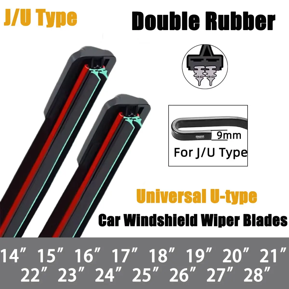 1 Stück Universelle Auto-Scheibenwischer U-Typ Weiche Doppelgummi-Autowischer 14"15"16"17"18"19"20"21"22"23"24"25"26"27"28"
