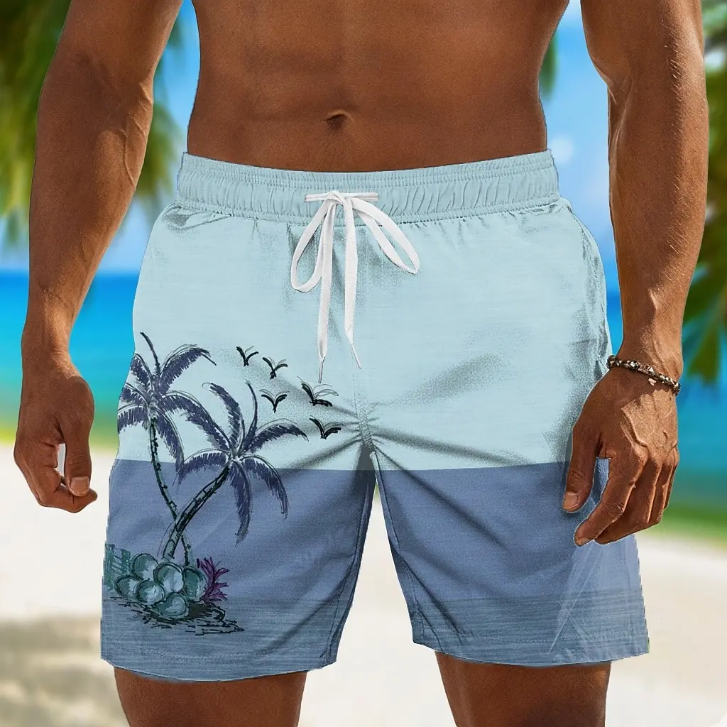 Men's Bird Coconut Tree Print Drawstring Waist Shorts, Hawaiian Style for Spring Summer Beach Vacation Daily Casual Wear