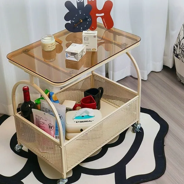 

*Living Room Cream-colored Modern Side Table Sofa Side Cabinet Snack Storage Movable Coffee Tea Cart with Shelves