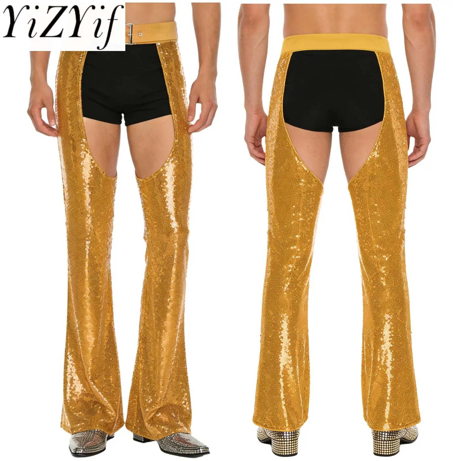 

Men Adults Fashion Hippies Cowboy Disco Dance Chaps Pants Crotch Hollow Out Fully Lined Flared Pants for Masquerade Club Party