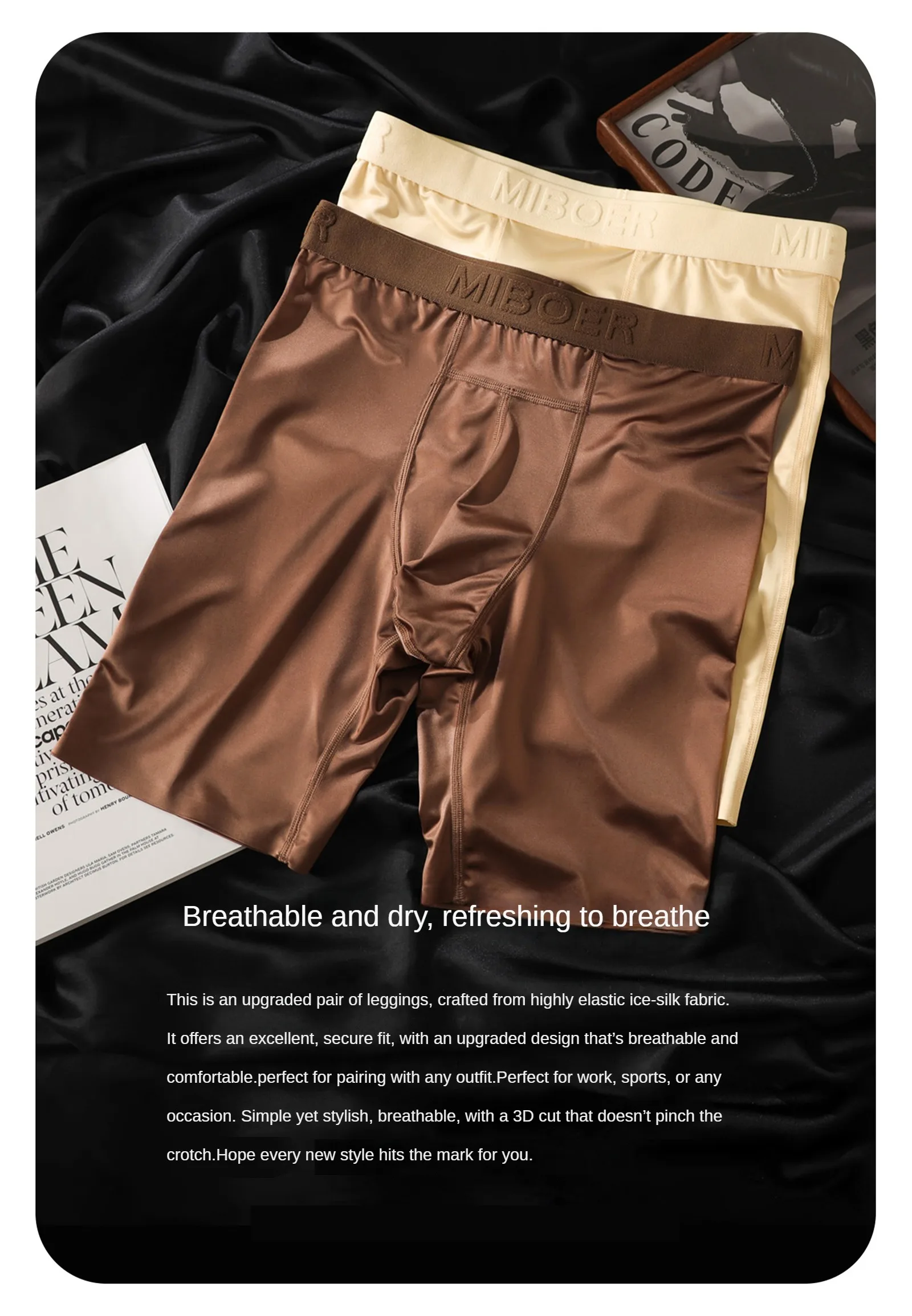 Glänzende Satin-Boxershorts für Herren, U-förmiger Vordertaschen-Design, Seidig Weiche Schlafbekleidung, Mittellange Boxershorts mit Breitem Bund – Detail 1