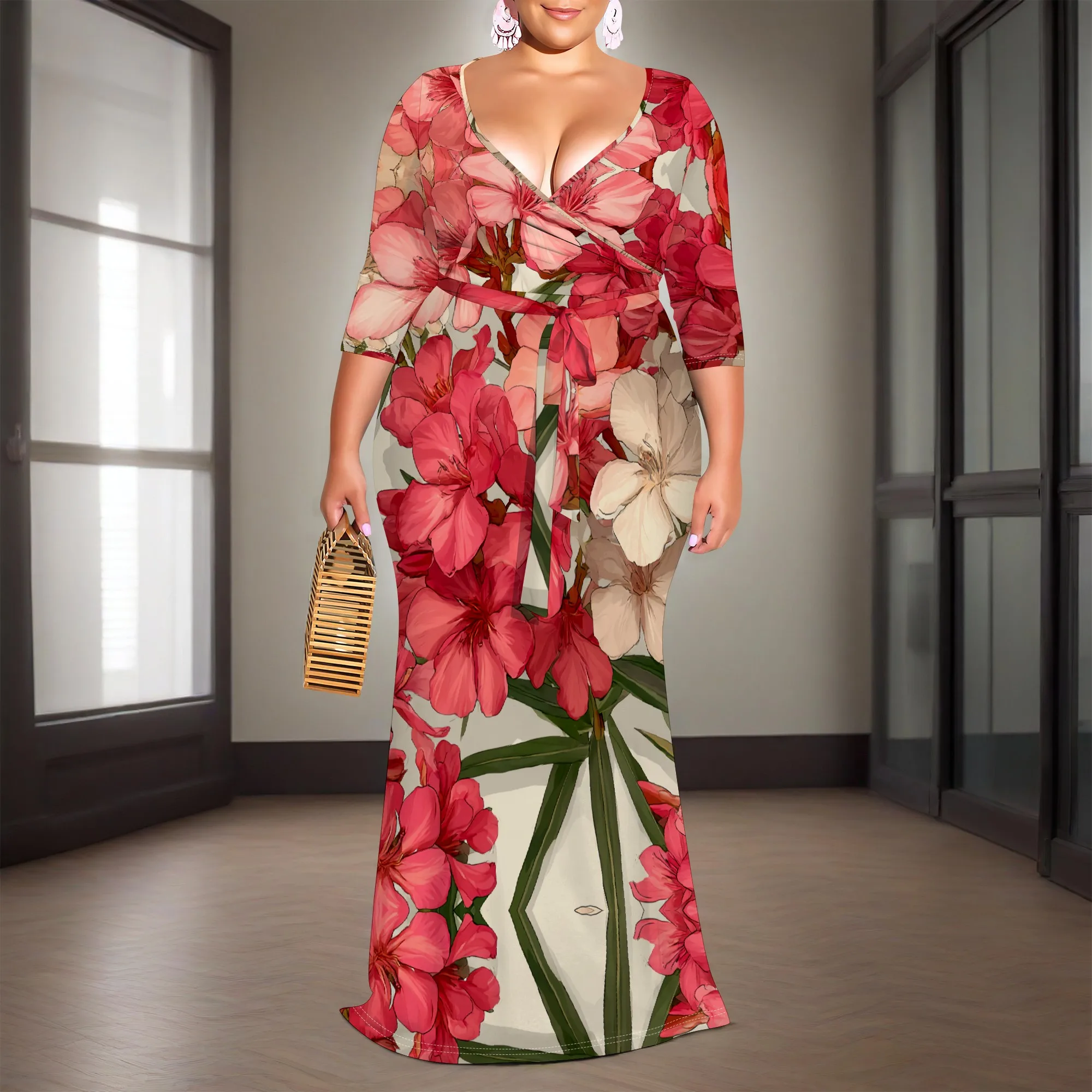 

Red Floral Print Plus Size Maxi Dress XL‑6XL Deep V-Neck 3/4 Sleeve Wrap Style with Belt for Summer Vacation or Garden Party