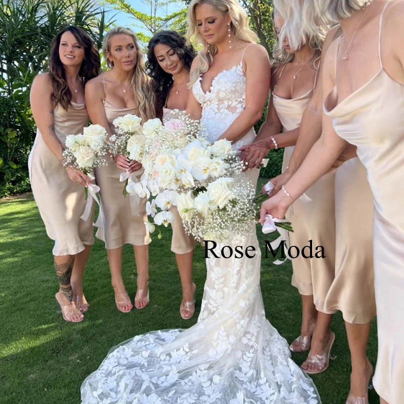 Rosa moda alças finas rendas sereia vestidos de casamento marfim e champanhe destino vestido de noiva foto real personalizado fazer