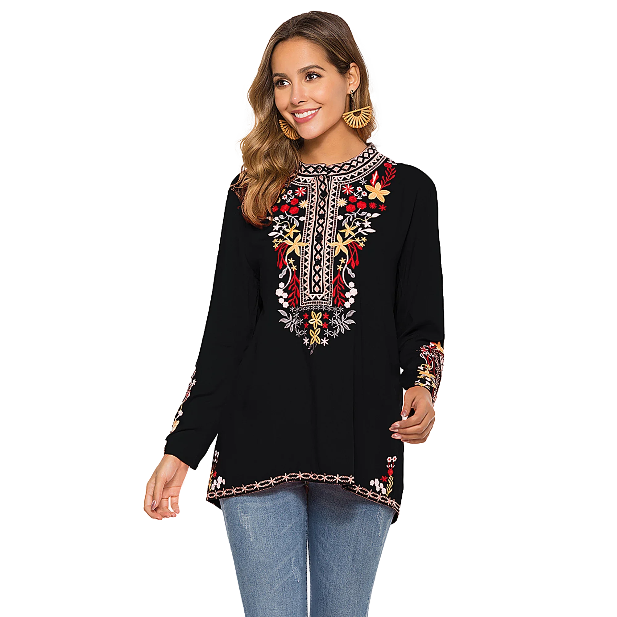 Eaeovni bordado topos de manga longa feminino mexicano boho camponês casual solto túnicas outono blusa camisas para mulher