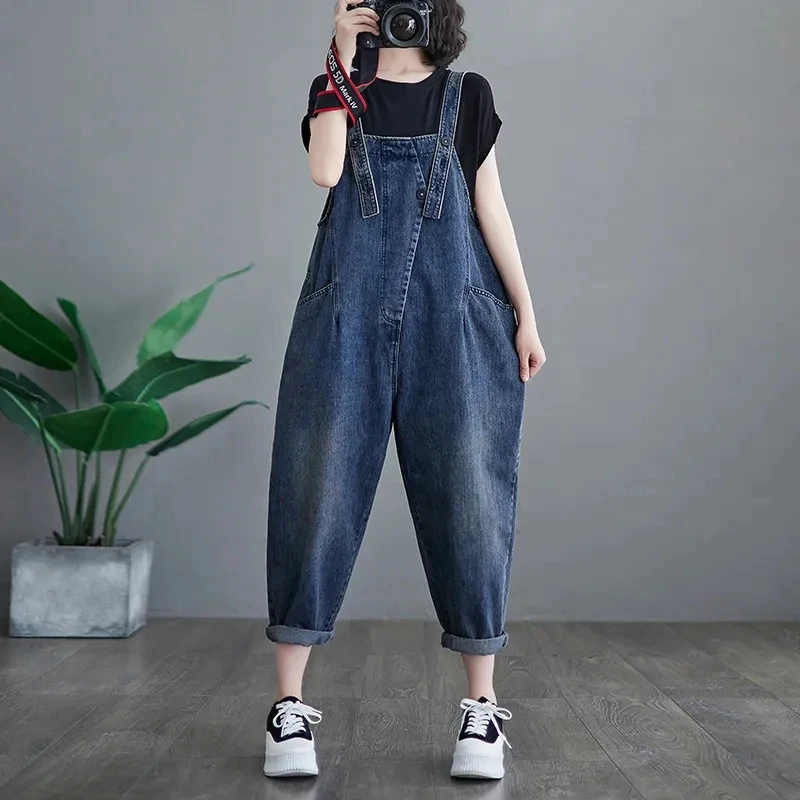 Literary Fashion Jumpsuit Women's Jeans Rompers New Big Pocket Loose Denim Overalls Casual Fashion Large Size Wide-leg Overalls