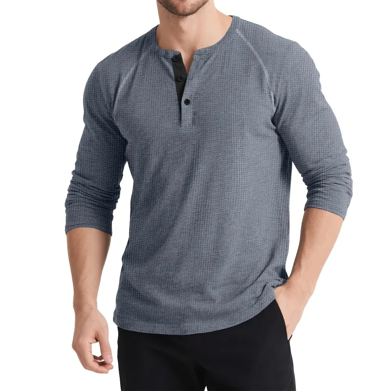 Men's Autumn and Winter Long-sleeved Henley Shirt European and American Men's Retro T-shirt Three-button Color Matching Sweater
