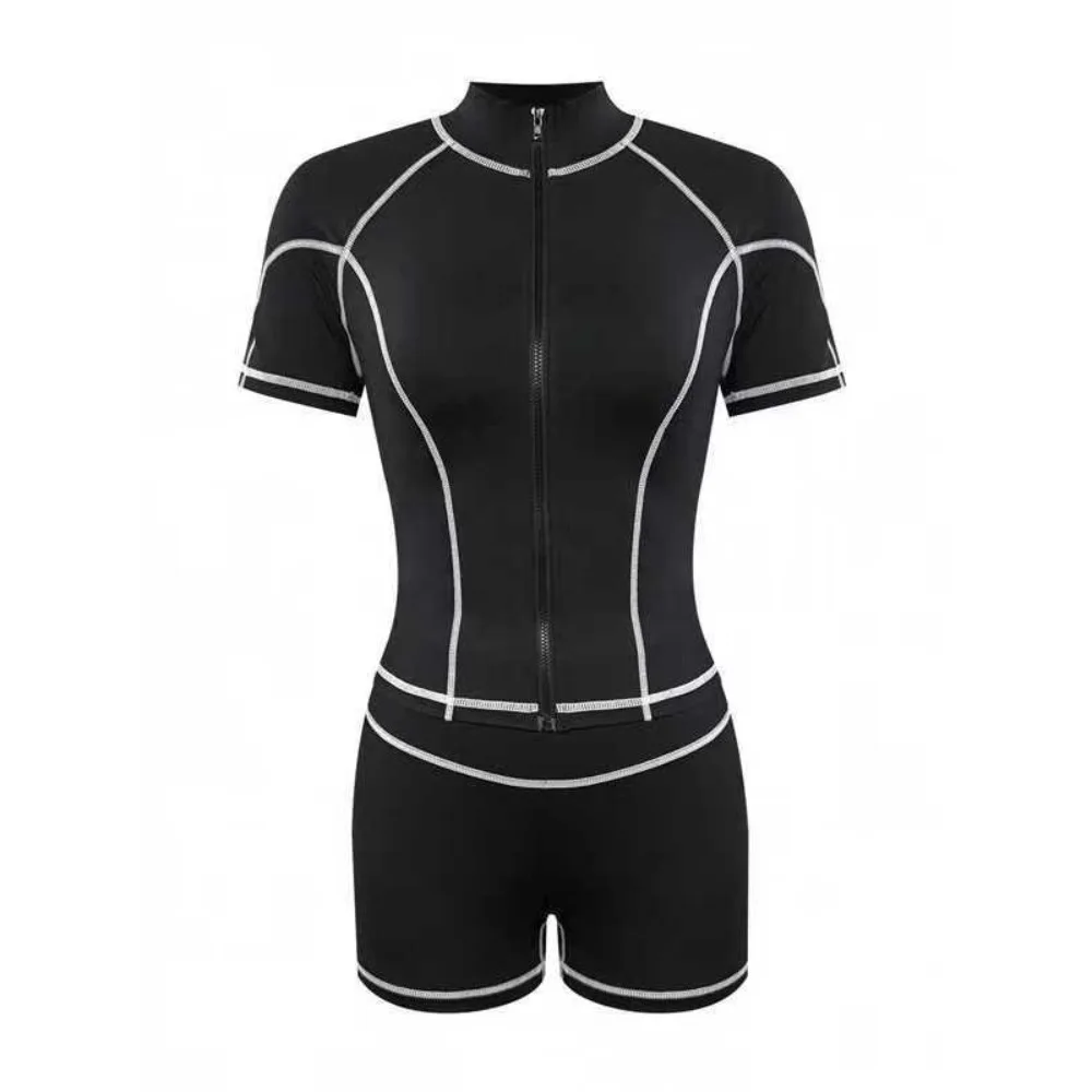 FLARORA แฟชั่นลายแพทช์เวิร์ค 2 ชิ้นชุดผู้หญิงคอกลมแขนสั้นซิปแจ็คเก็ตและกางเกงขาสั้นชุดฤดูร้อนสตรีทแทรคสูท