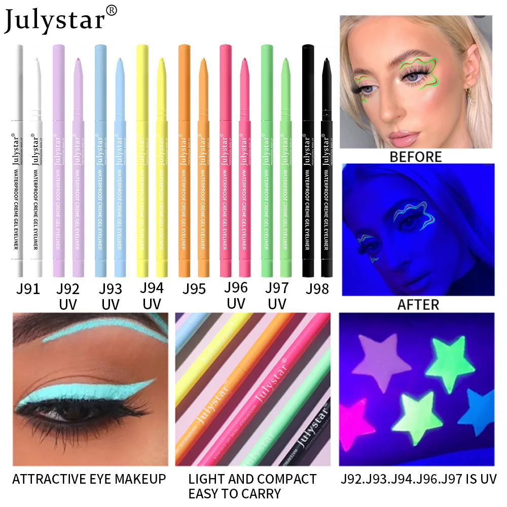 UV Fluorescent Eyeliner Pencil, Waterproof & Smudge-Proof, Colorful Shimmer Gel Eye Liner, Glitter Metallic Makeup, Long Lasting