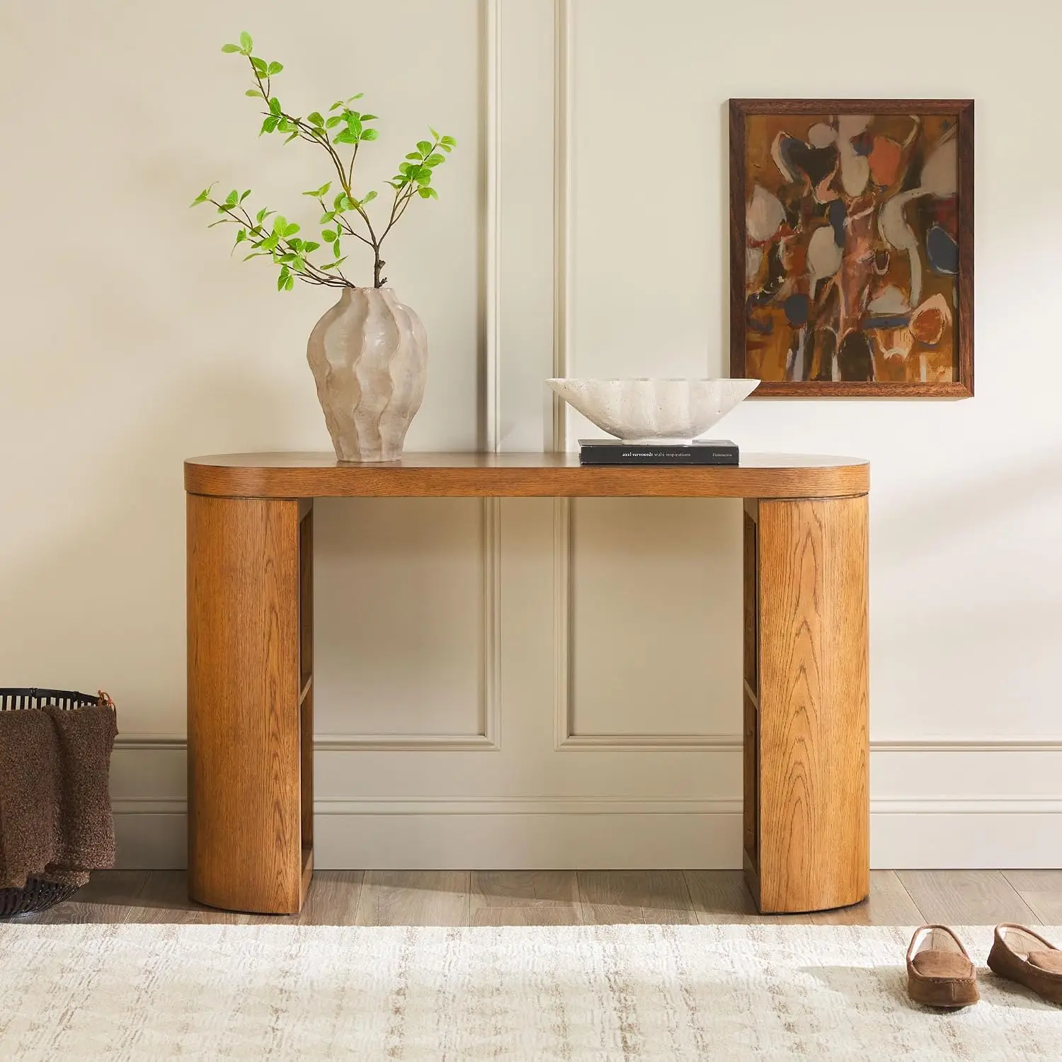 Solid Oak Wood Veneer Console Table with Storage 48 Inch Medium Brown, Customized