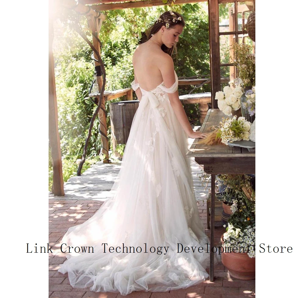 Champagne Wedding Dresses with Lace 2025 Soft Tulle Off Shoulder Bridal Gowns for Women Court Train Vestidos De Novia 2025
