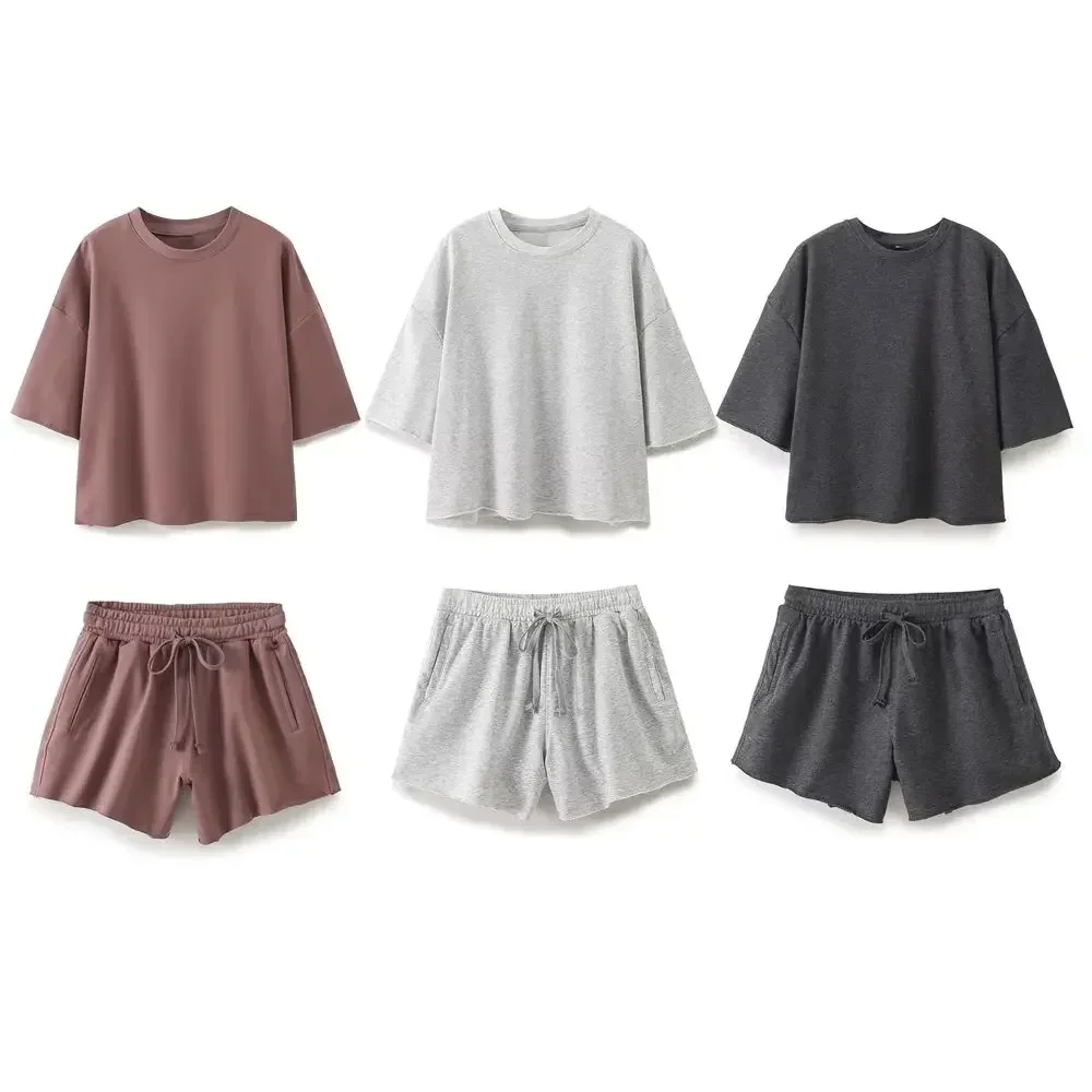 Set women 2 pieces New Fashion basic style Short sleeved ribbed Sweatshirts loose O Neck Tee Shirt Tops+shorts Women's suit