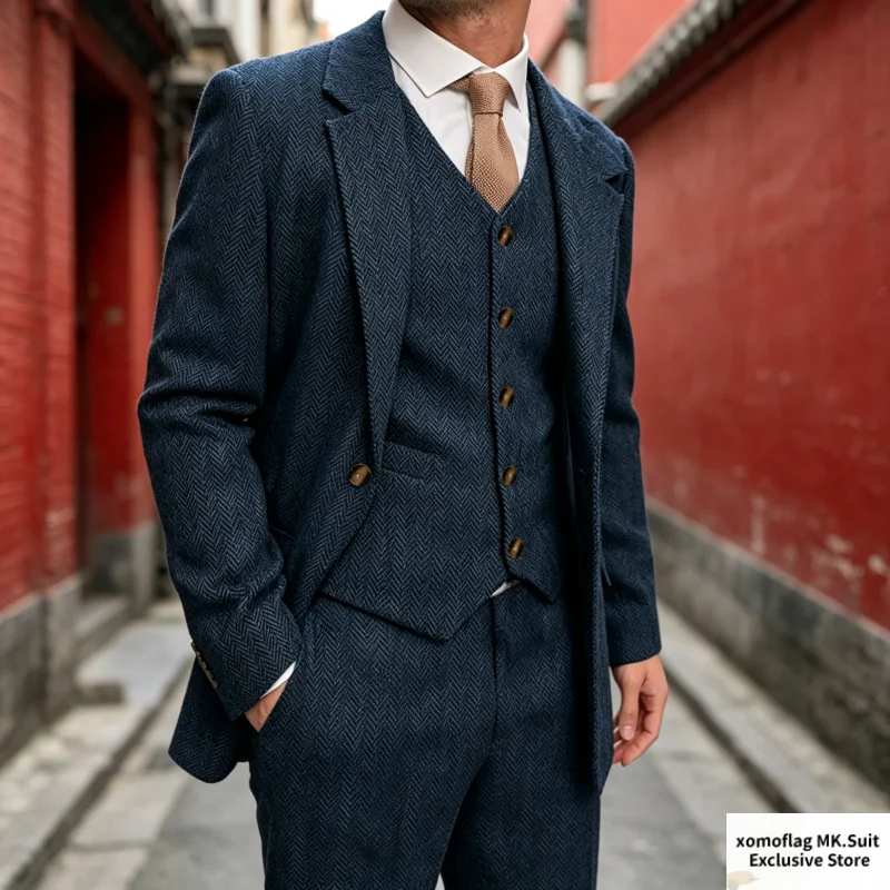 Herrenanzug aus Wolltweed, 3-teilig, Vintage Karo-Fischgrätmuster, Jacke+Weste+Hose, Einreihig, Slim Fit, Herbst/Winter Maßgeschneidertes Set
