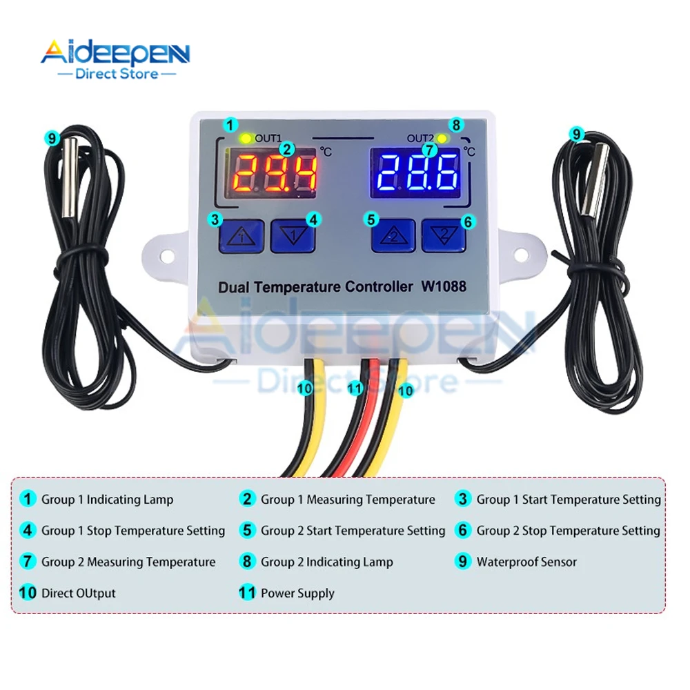 W1088 Dual LED Digital Temperature Sensor Meter Controller Heating Thermostat 12V 24V 220V Aquarium Incubator Thermoregulator