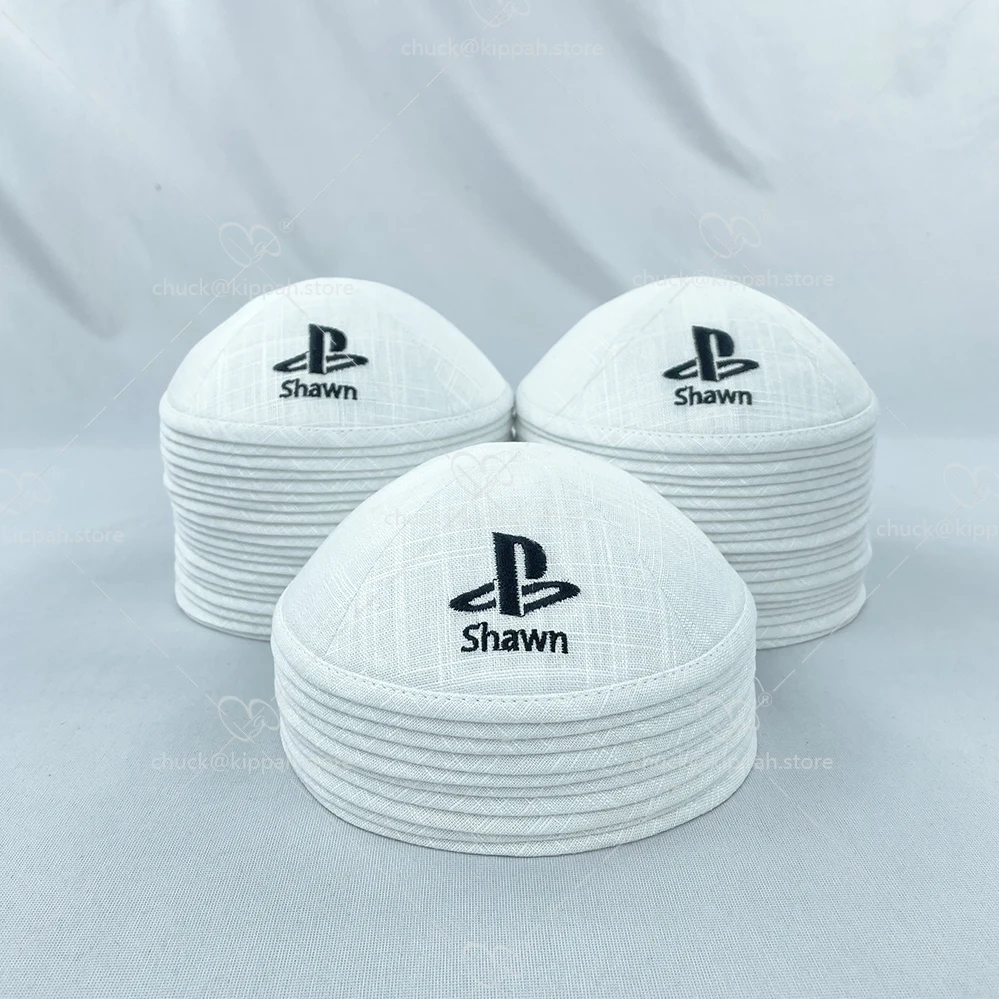 white linen kippas with black embroidery for bar mitsvah