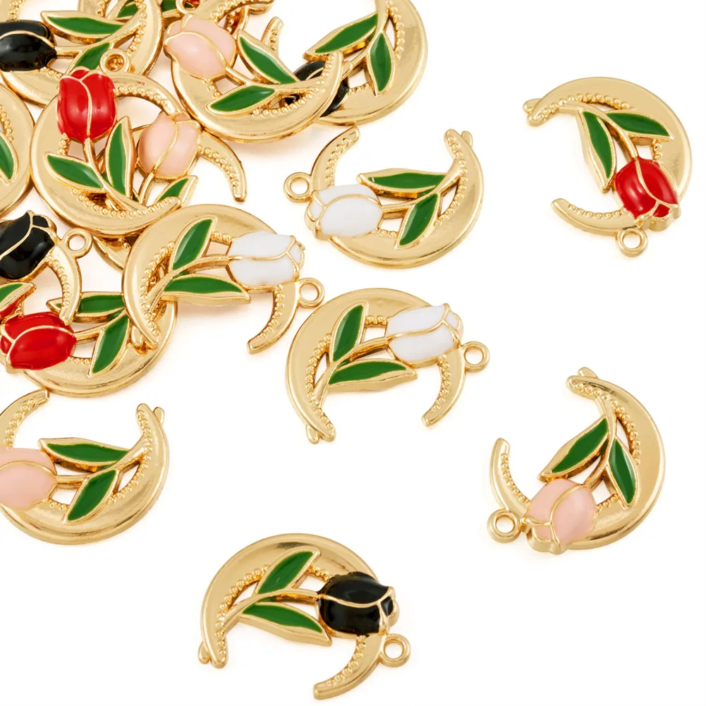 

16Pcs 4pcs/color Alloy Enamel Pendants Golden Moon with Rose Charm Mixed Color For Making DIY Jewelry Bracelet Necklace Charms