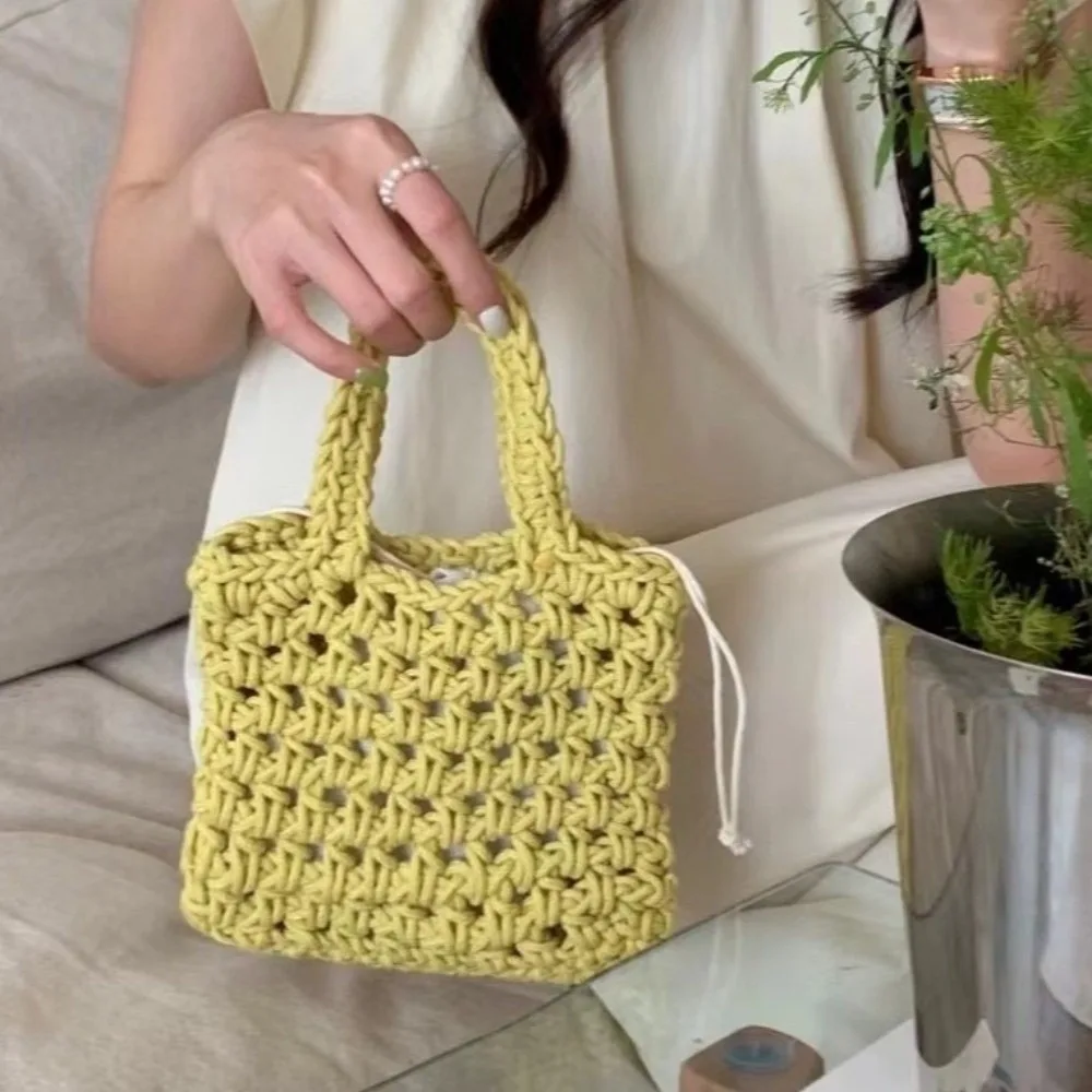 

Bohemian Crochet Knitted Bag Mini Exquisite Woven Tote Handbag Eco-Friendly Open-Weave Fishnet Hollowed Out Beach Bag Students