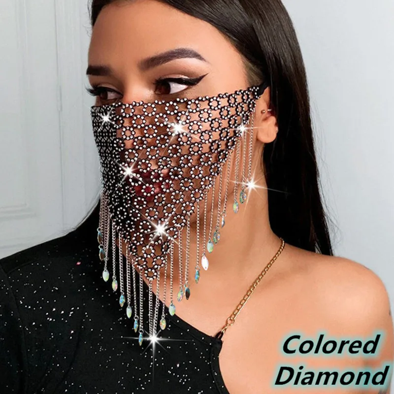 Glänzende Strass Gesichtsmaske Bling Quaste Schleier Maske wiederverwendbare Metall Kristall Bauchtanz Gesichtsschleier Pailletten Maskerade Party Schmuck – Detail 6