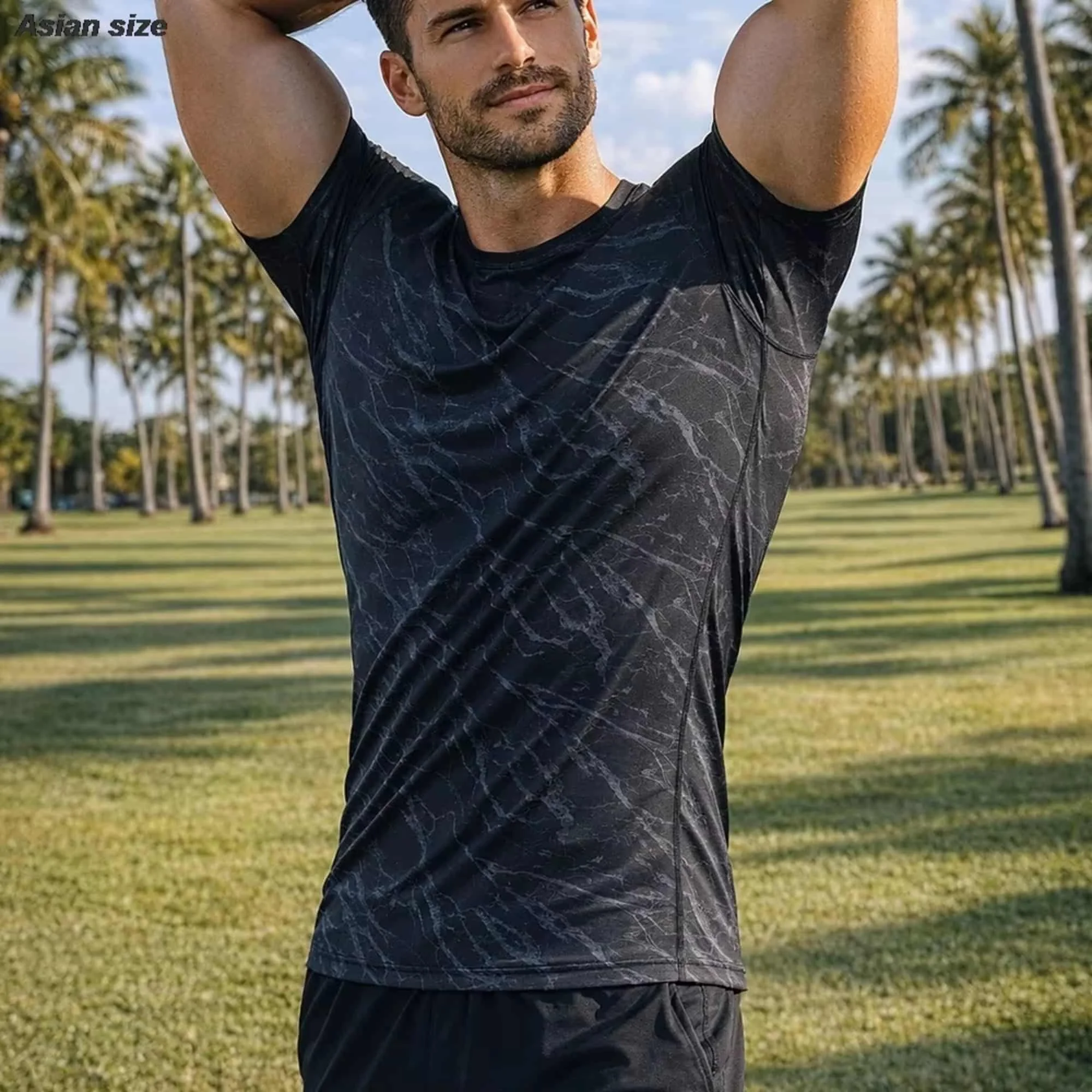 Minimalist Marble Vein Pattern Men Performance Tee Black Gray Camouflage Moisture Wicking Summer Outdoor Sport Top