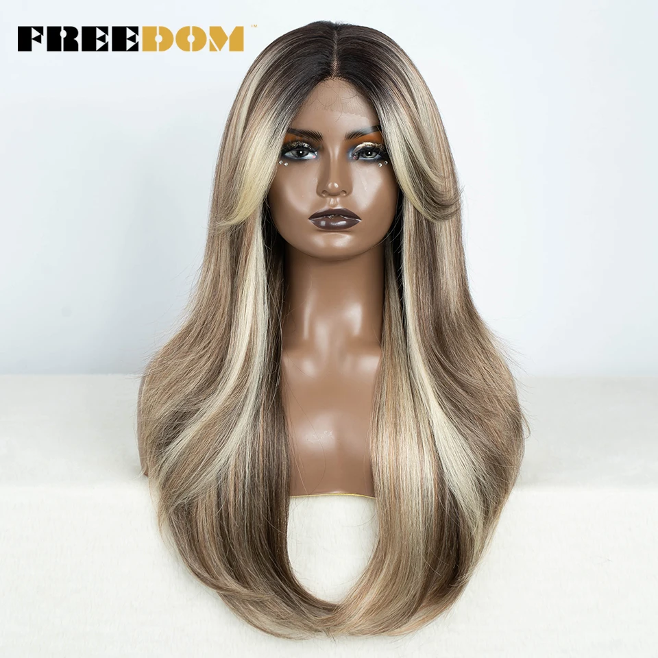 FREEDOM Straight Synthetic Lace Front Wigs For Women 26 Inches Lace Wig With Bangs Ombre Brown Blonde Grey Red Cosplay Wigs