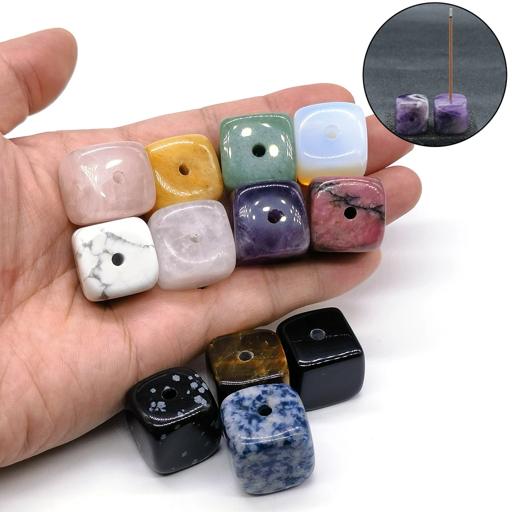 Square Incense Sticks Holder Coil Censer Burner Natural Stone Crystal Amethyst Quartz Opalite Tiger Eye Base Indoor Altar Decor