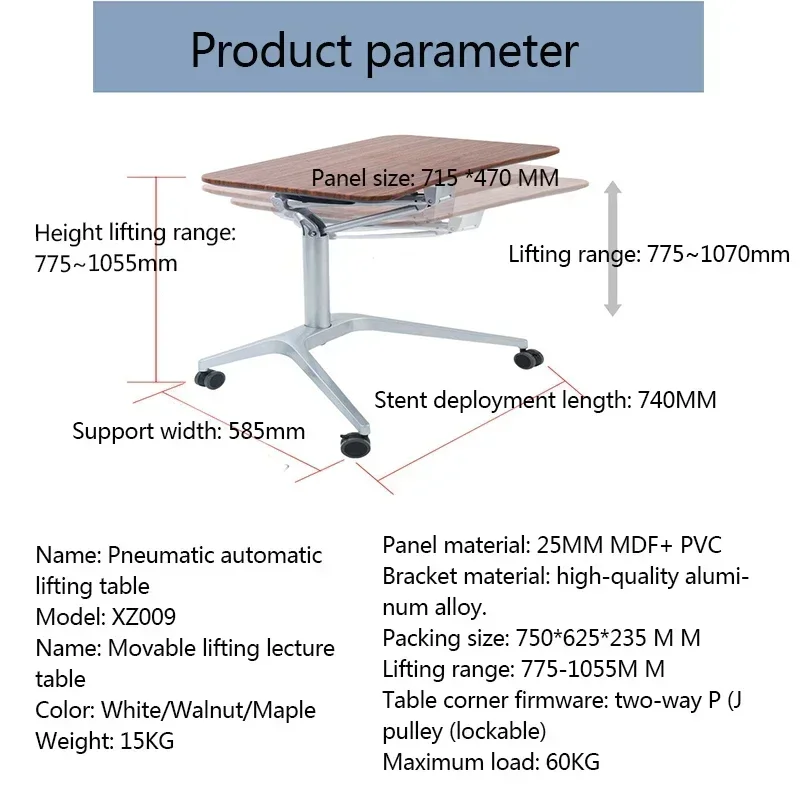 Hot Sale Pneumatic Automatic Lifting Table Movable Bedside Desk Laptop Desk Standing Adjustable Podium Training Desk XZ009