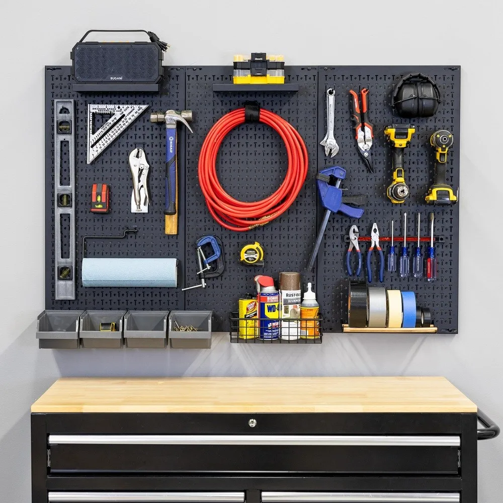 Metal Pegboard Power Tool Organizer Garage Wall Storage 3 Panel Pegboard Wall Mount Organizer Includes 23 Storage