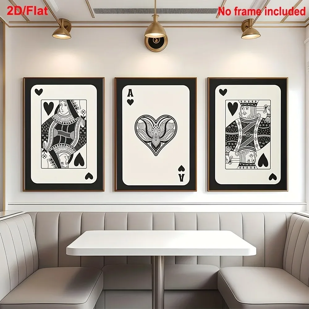 (No frame)2D Flat, 2D Flat, 2D Flat 3pcs Set, Frameless, Black Queen And Black King Playing Card Posters, Retro Trendy Aesthe