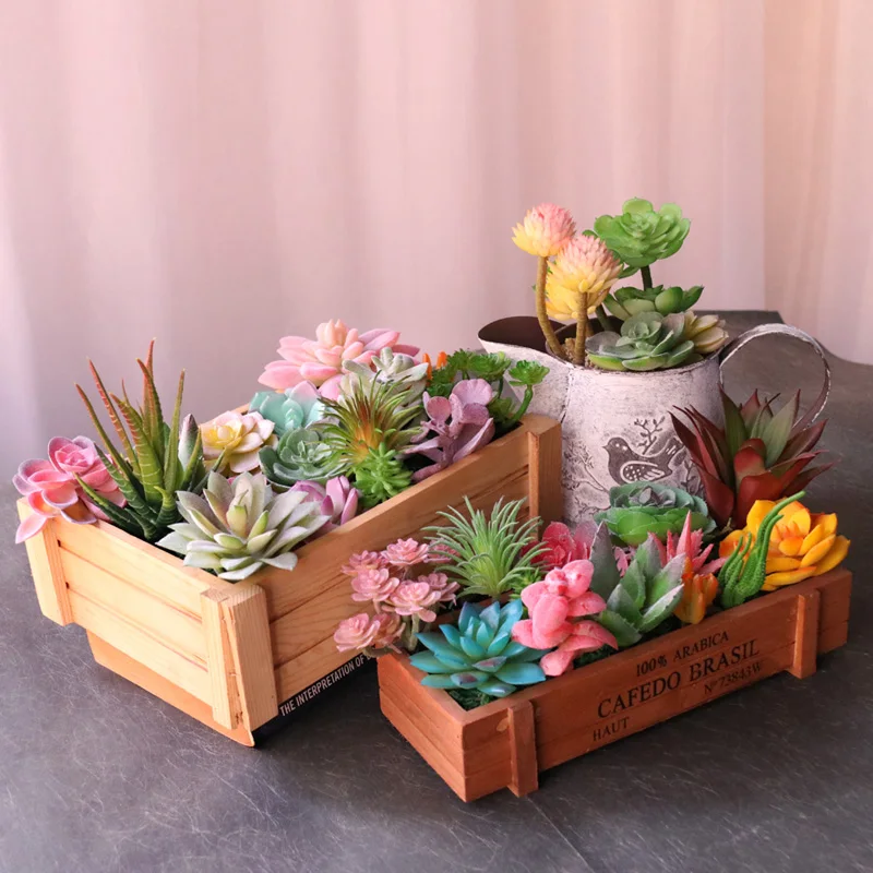 Various Green Pink Red Blue Purple Flocking Artificial Succulents Plants Desktop Bedroom Home Garden Decoration Mini Bonsai