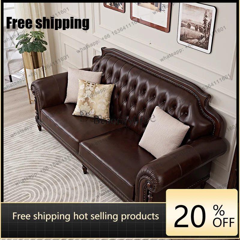Factory Direct American Country Style Living Room Solid Wood Vintage Light Luxury Sofa Distressed Top Grain Leather Sofa