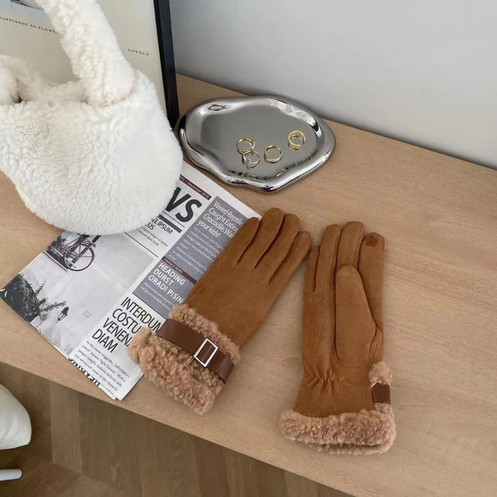 قفازات شتوية نسائية أنيقة كاملة الأصابع مقاومة للرياح قفازات صوف نسائية سميكة مضادة للبرد مبطنة بالصوف قفازات ركوب الدراجات أمي