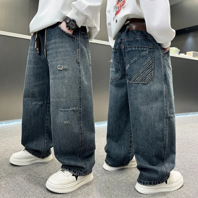 

Джинсы для детей на весну-осень, повседневные, винтажные, хлопковые, уличная мода, для подростков, джинсовые брюки для мальчиков ﻿