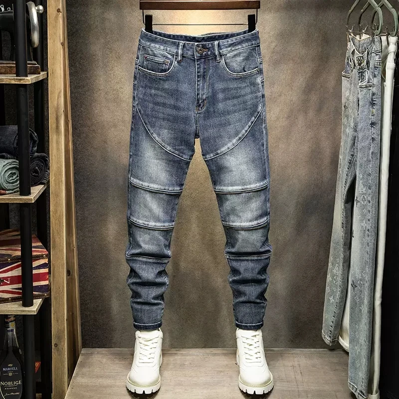 

Street Fashion Men Jeans Retro Blue Elastic Skinny Fit Spliced Biker Jeans Homme Zipper Designer Hip Hop Denim Pencil Pants Men