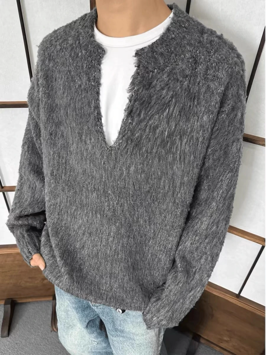 

Korean Sle V-Ne Knitted Sweater Men's Loose Casual ey Color Pure V-Ne Long Sve Top for Autumn And Winter