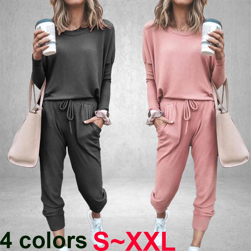 

Women's casual sportswear 2-piece set sportswear round neck long sleeved top slim fitting pants sportswear jogging set S-2XL