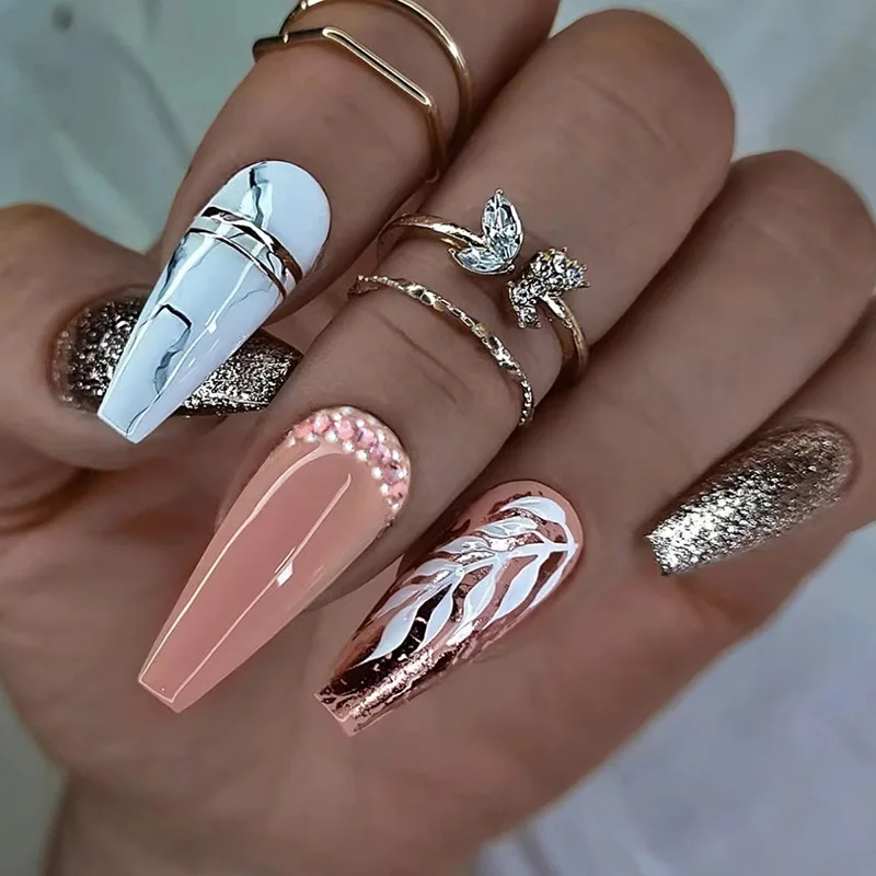 24 pçs de comprimento médio ballet unhas falsas imprensa em pó brilhante dourado design cobertura completa dicas de unhas falsas destacável acabado manicure
