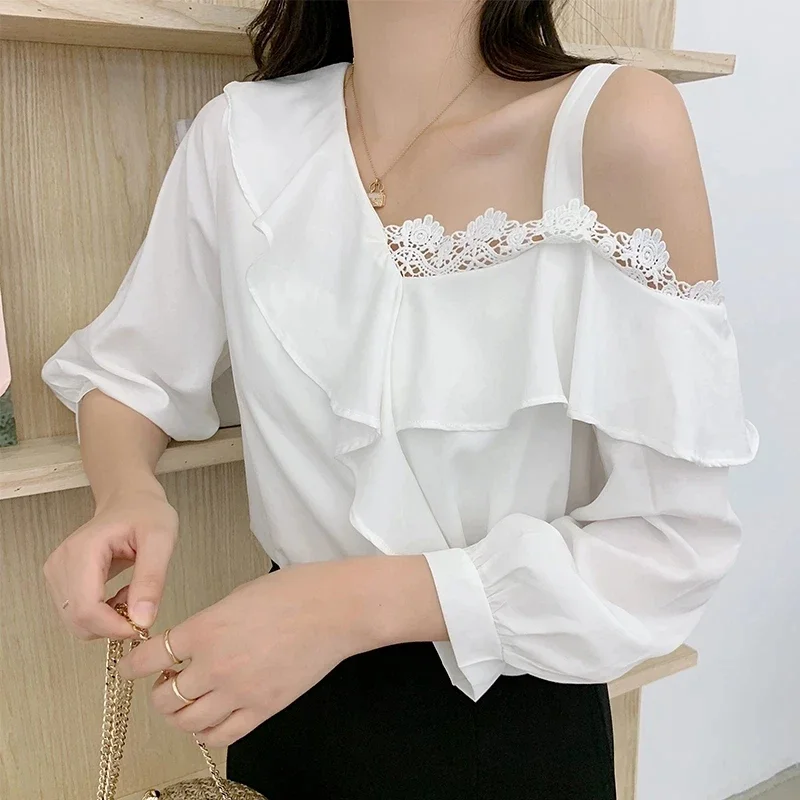 Witte Bladerdeeg Mouw Dames Chiffon Shirts 2024 Zomer Kant Patchwork Blouse Vrouwen Skew Kraag Oversized Vrouwelijke Kleding Y2K Blusas