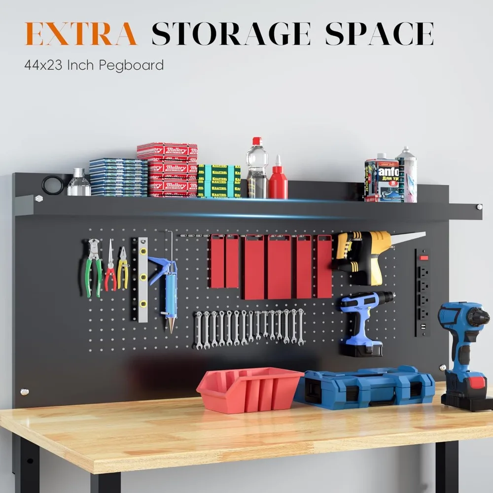 60" Heavy Duty Adjustable Workbench with Large Pegboard& Partition, Adjustable Work Table with Power Outlets & Lockable Wheels
