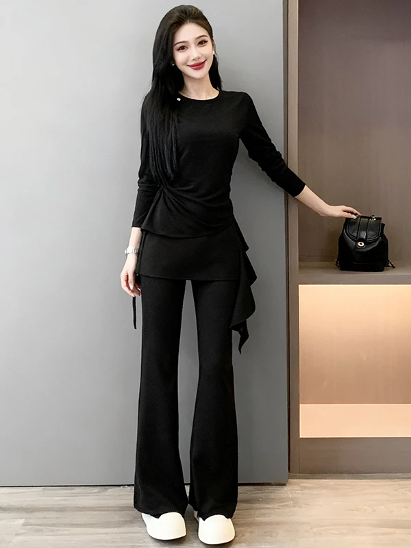 

Комплект из черного топа и расклешенных брюк для похудения, женский весенний модный костюм-тройка, асимметричный дизайн, брюки с высокой талией и широкими штанинами