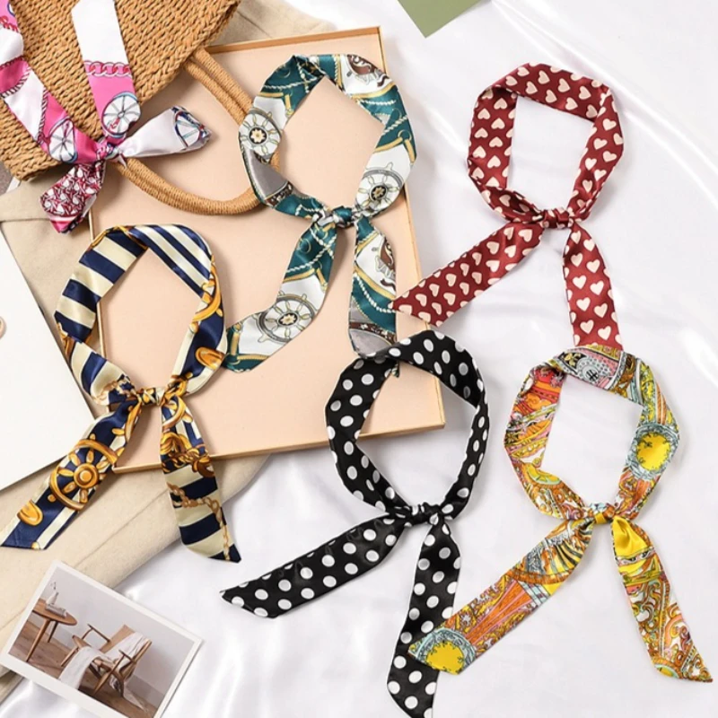 Skinny Long Hair Strip Women Silk  Bag Handle Ribbon Scarf Neck Scarves Handle Ribbon Hairband Headscarf Scarves Bags for Women
