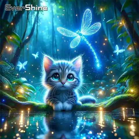 Evershine DIY Diamond Mosaic Cat Animal Full Square Round Diamond Painting Cartoon Cross Stitch Embroidery Dragonfly Handicraft