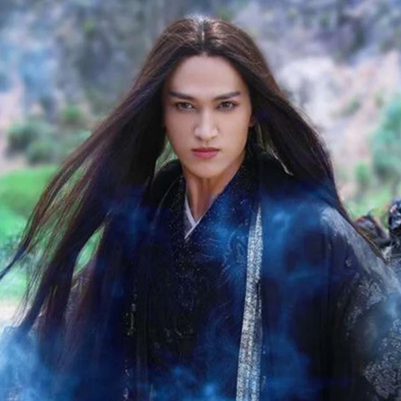 إكسسوارات الشعر من Hanfu شعر مستعار على الطراز القديم طويل مستقيم للرجال والنساء زي كامل الرأس على الطراز القديم الجزء الأوسط أرجواني C