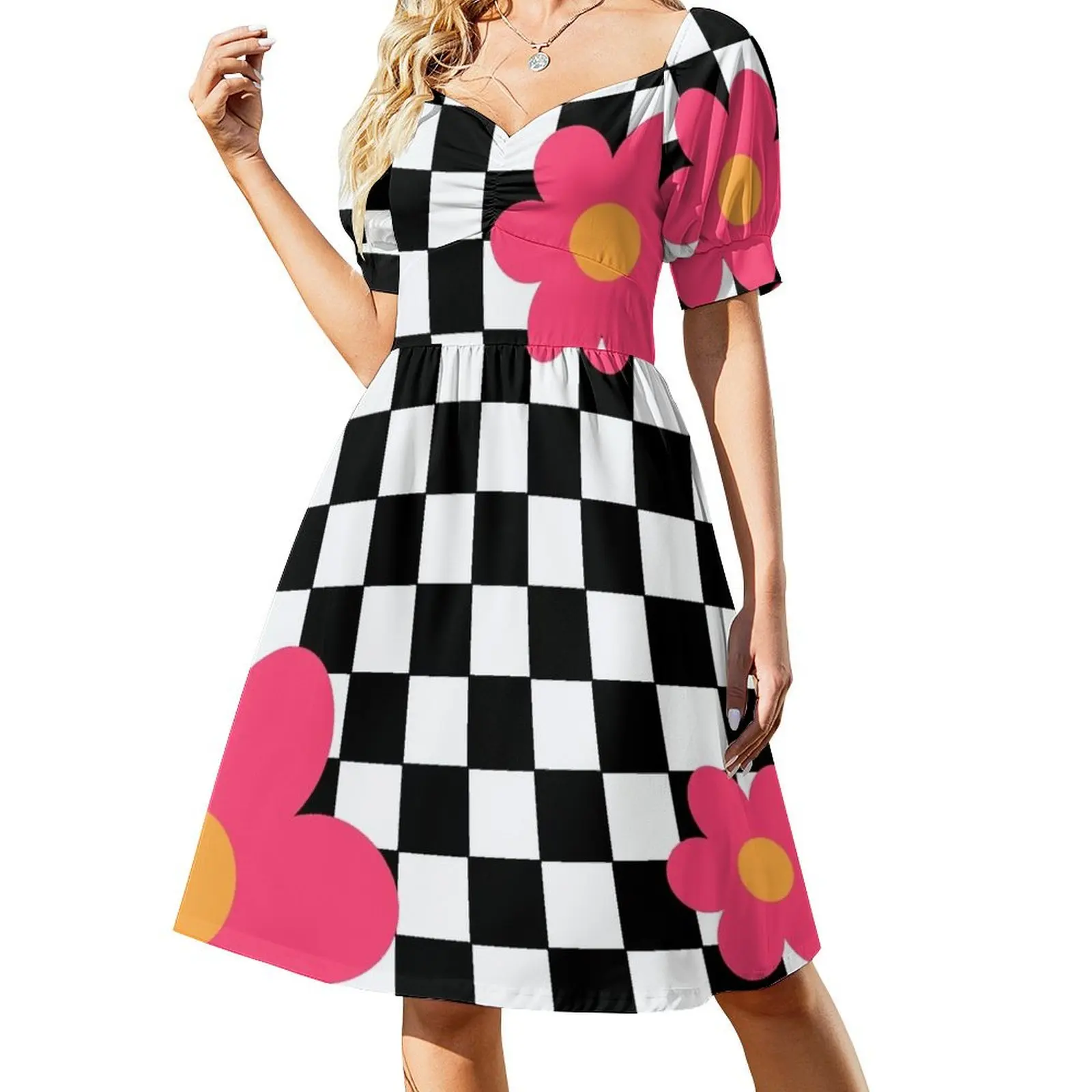 

Retro Checkerboard Flowers Mod Short Sleeved Dress women dresses women's elegant loose dresses wedding dresses for woman Dress