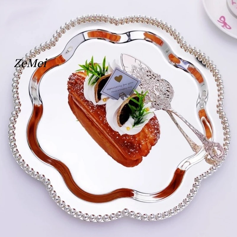 European Style Flower Shape Fruit Plate,Pearl Dot Silver Stainless Steel Cake Plate Home Food Tray, Snack Disc Table Decoration