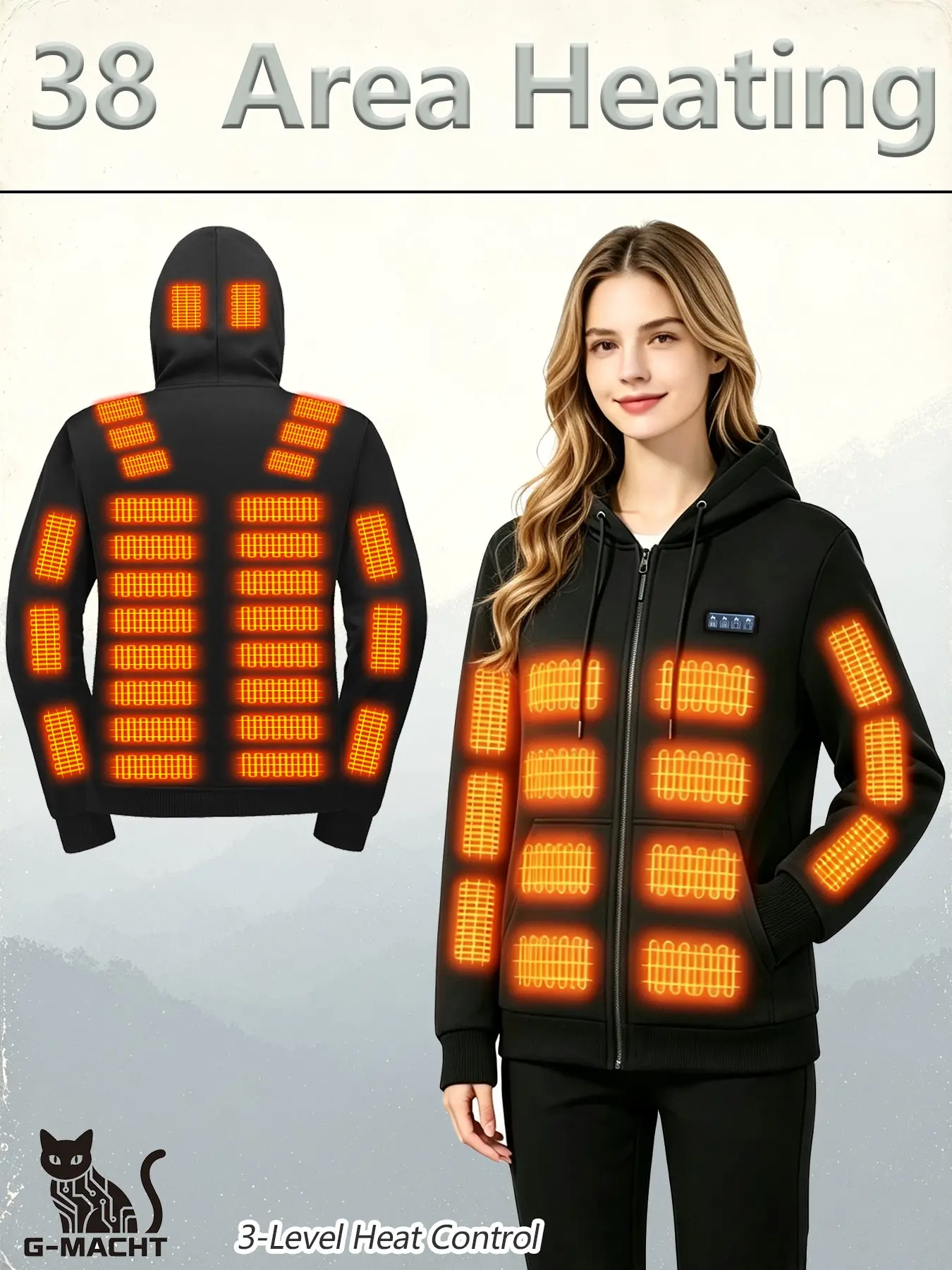 Chaqueta con capucha y calefacción USB, unisex, con 3 niveles de temperatura y control de 4 posiciones, 38 zonas de calefacción, abrigo de invierno de manga larga, no incluye batería.