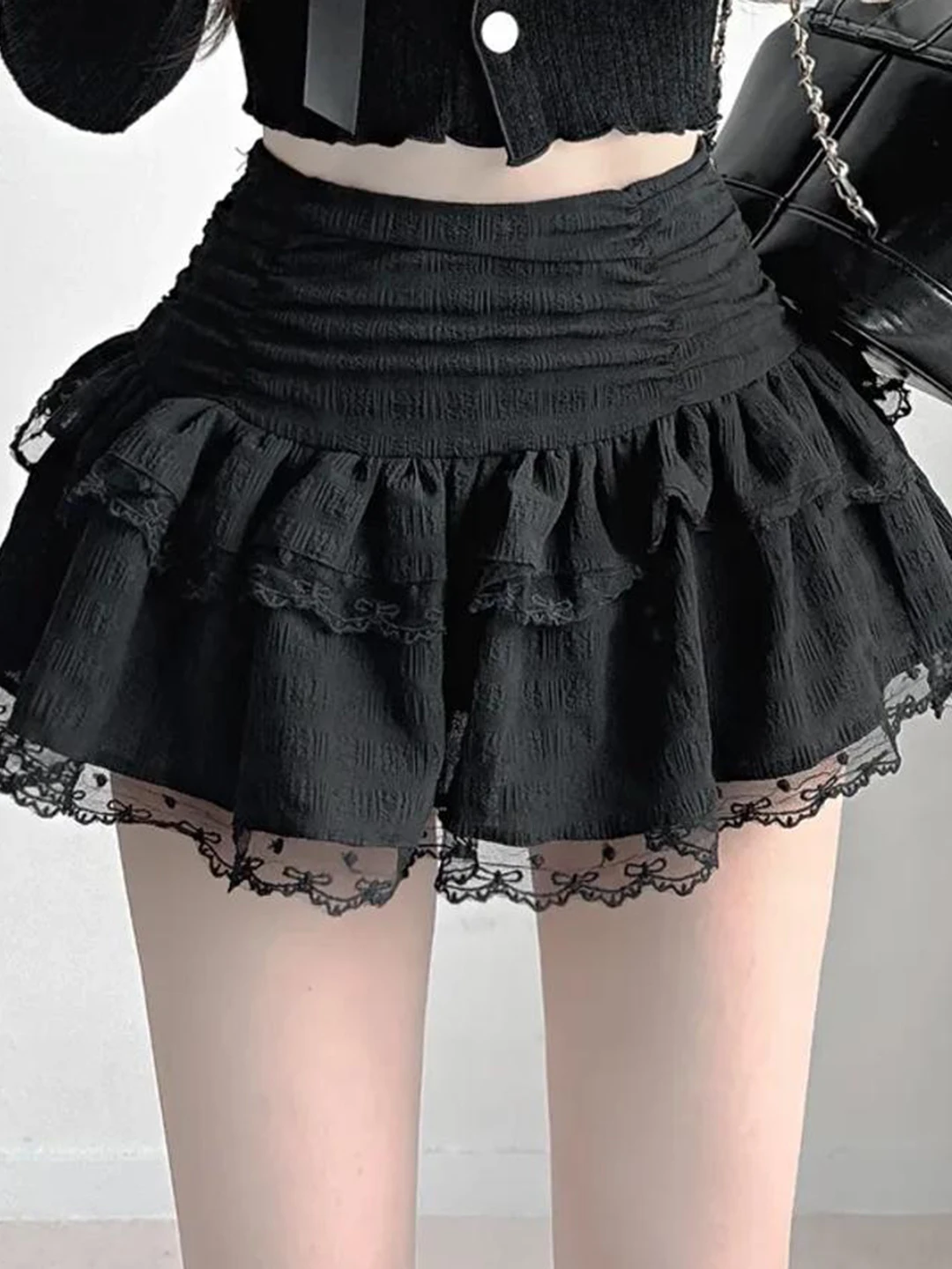 Romore Sweet Princ Sle Falda de pastel hinchada de cintura alta con empalme de encaje blanco Falda ort de línea A Material de nailon de poliéster