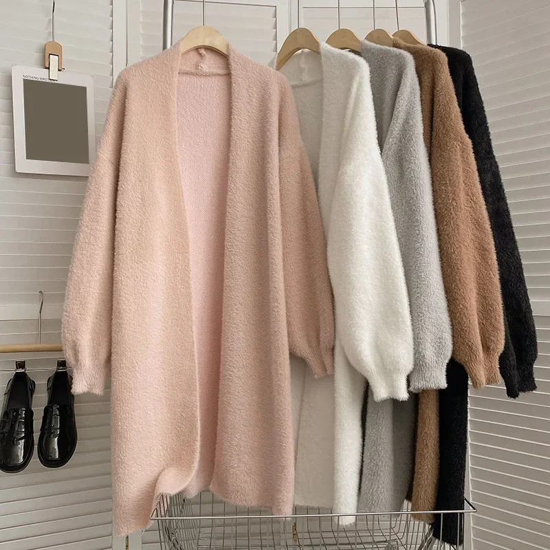 

White Elegance Mink Cashmere Cardigan Women Autumn Loose Long Cardigans Female Loose Korean Warm Harsuku Sweater Ladies