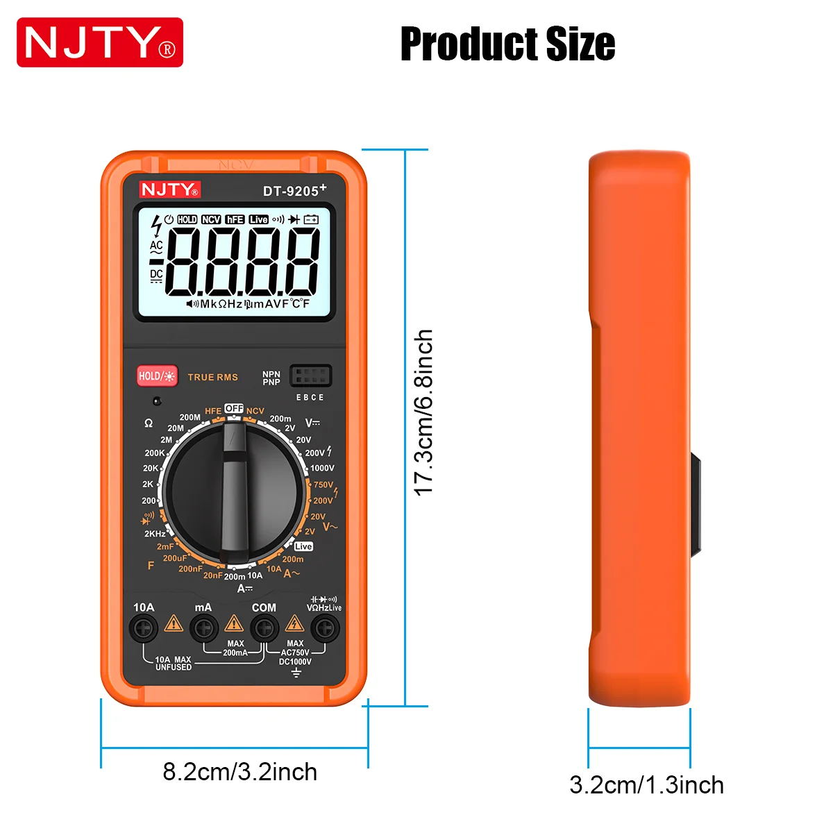NJTY DT-9205+ Digitales Multimeter mit Manueller Bereichswahl Elektrischer Tester für Spannung, Strom, Widerstand, Frequenz HEF Spannungsmessgerät für Spannungsleitungen – Detail 10