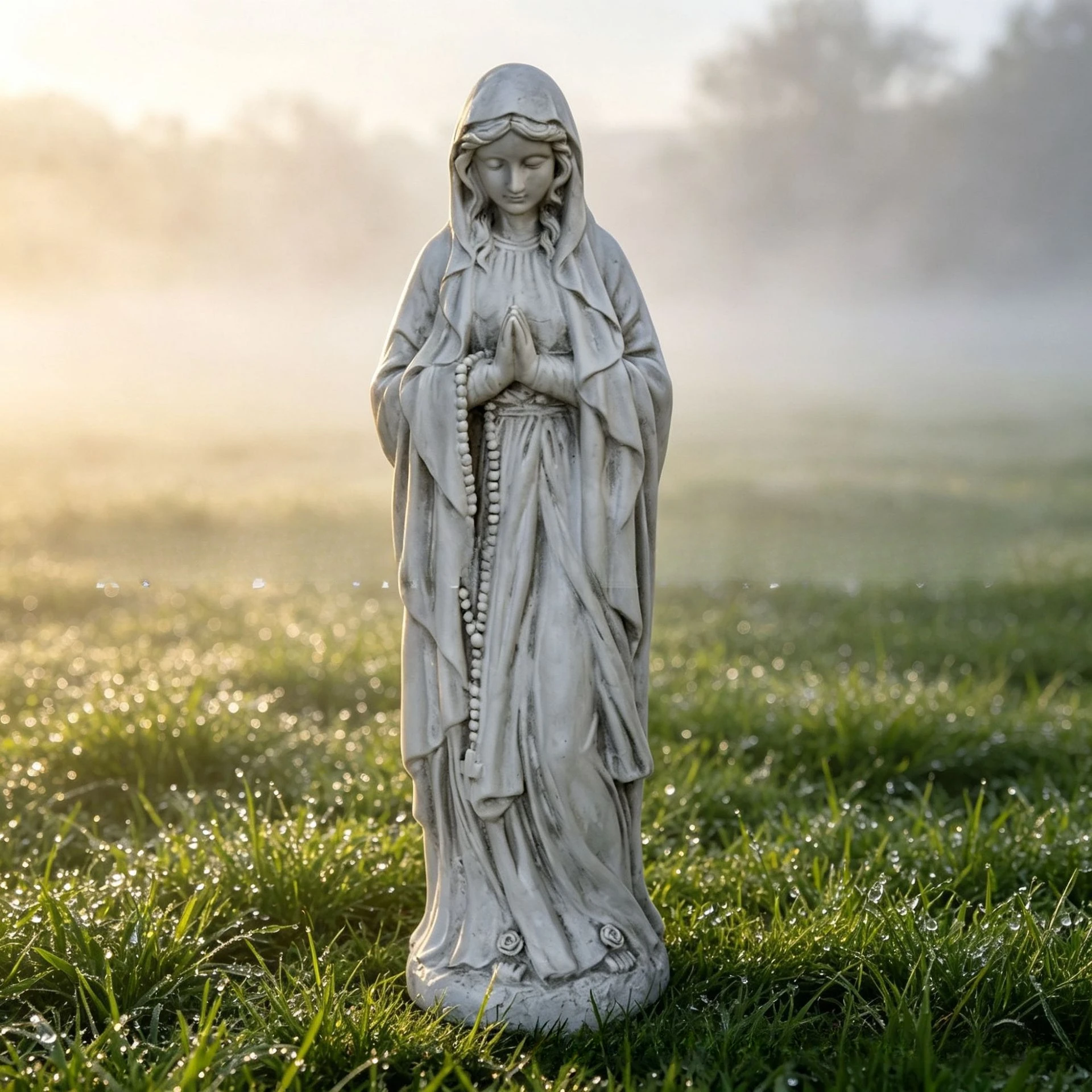 Garden ornaments, sculptures, saints with prayer beads, cement, reinforced concrete, and faith statues