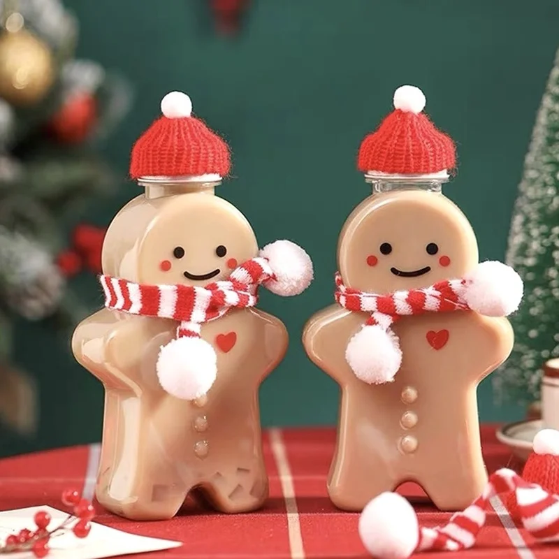 10pcs Christmas Bottles Gingerbread Man Party Candy Jars Juice Drink Bottle Plastic Kettle Gift Wrapping Kettles Kids Gifts